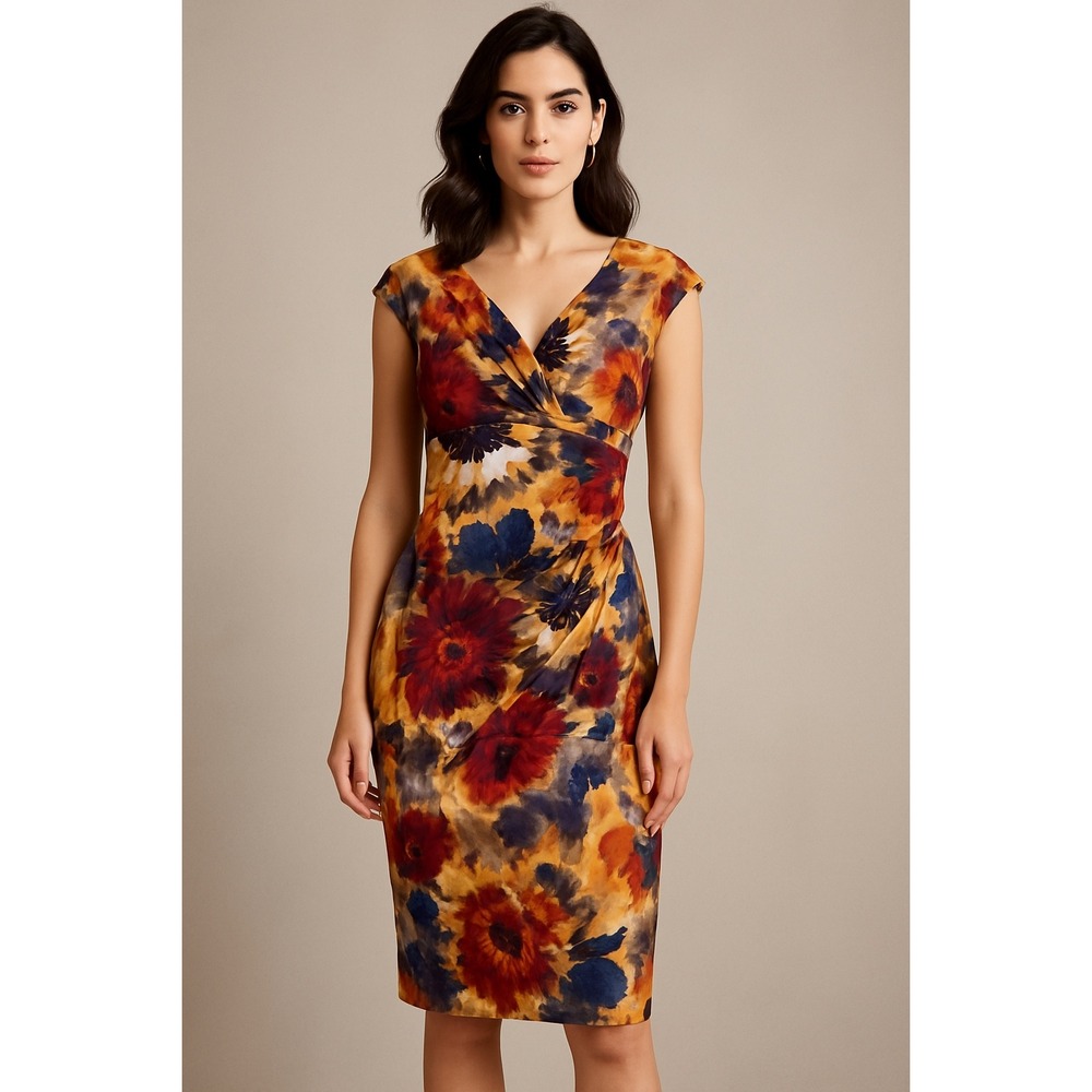 Lauren Ralph Lauren Petite Abstract Floral Ruched Sheath Dress Size 6P Stretch